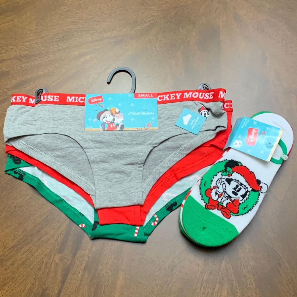 🎄 Christmas Disney Mickey Mouse Hipster Panties & 5 Pairs Ped Socks NWT S